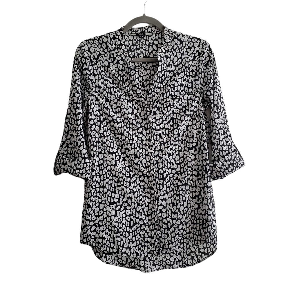 NEXT‎ Black White Cheetah Button Up Roll Tab Blouse Women 8 Neutral